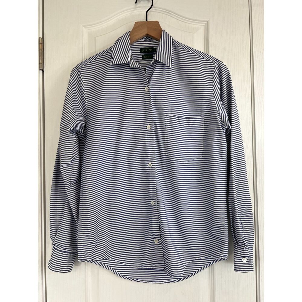 VTG J Crew Button Up Shirt Blue White Stripe Cotton Long Sleeve Women's 2